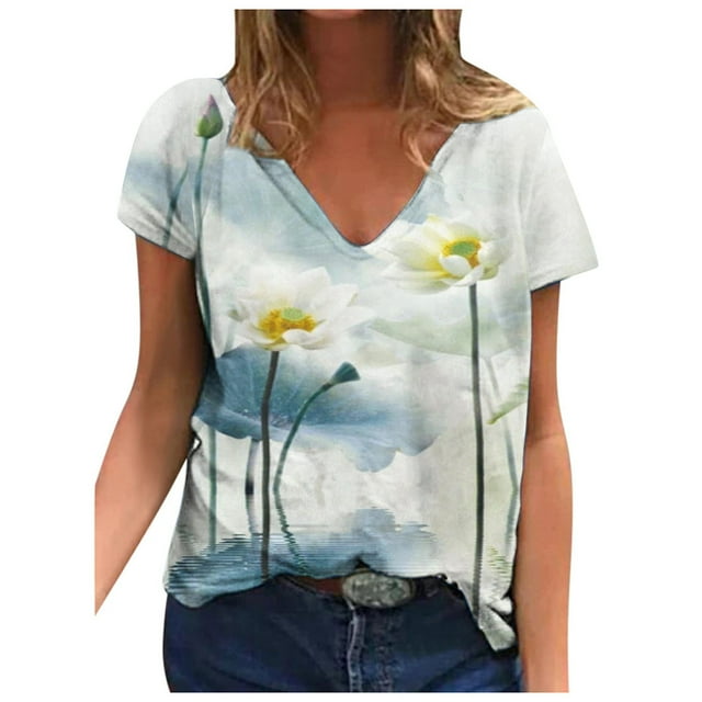 Moda Mujer Cuello en V Manga corta Impresión Jersey Blusas sueltas Tops Camiseta OAVQHLG3B Store lin121212