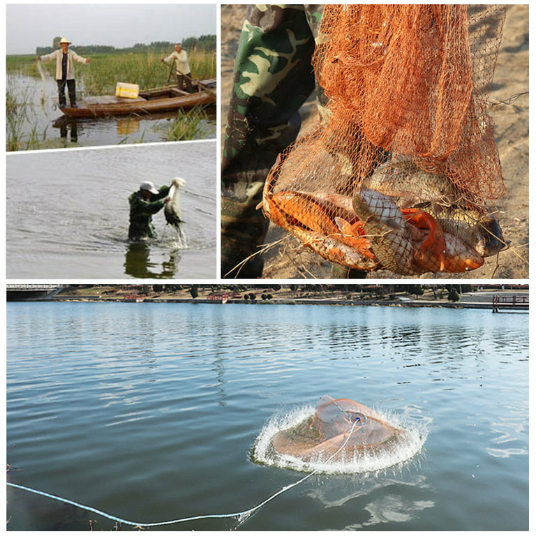 Pro Cast Net Fishing Mesh Saltwater Bait Drawstring Catch,6ft/8ft/12ft/16ft, Size: 16', Orange