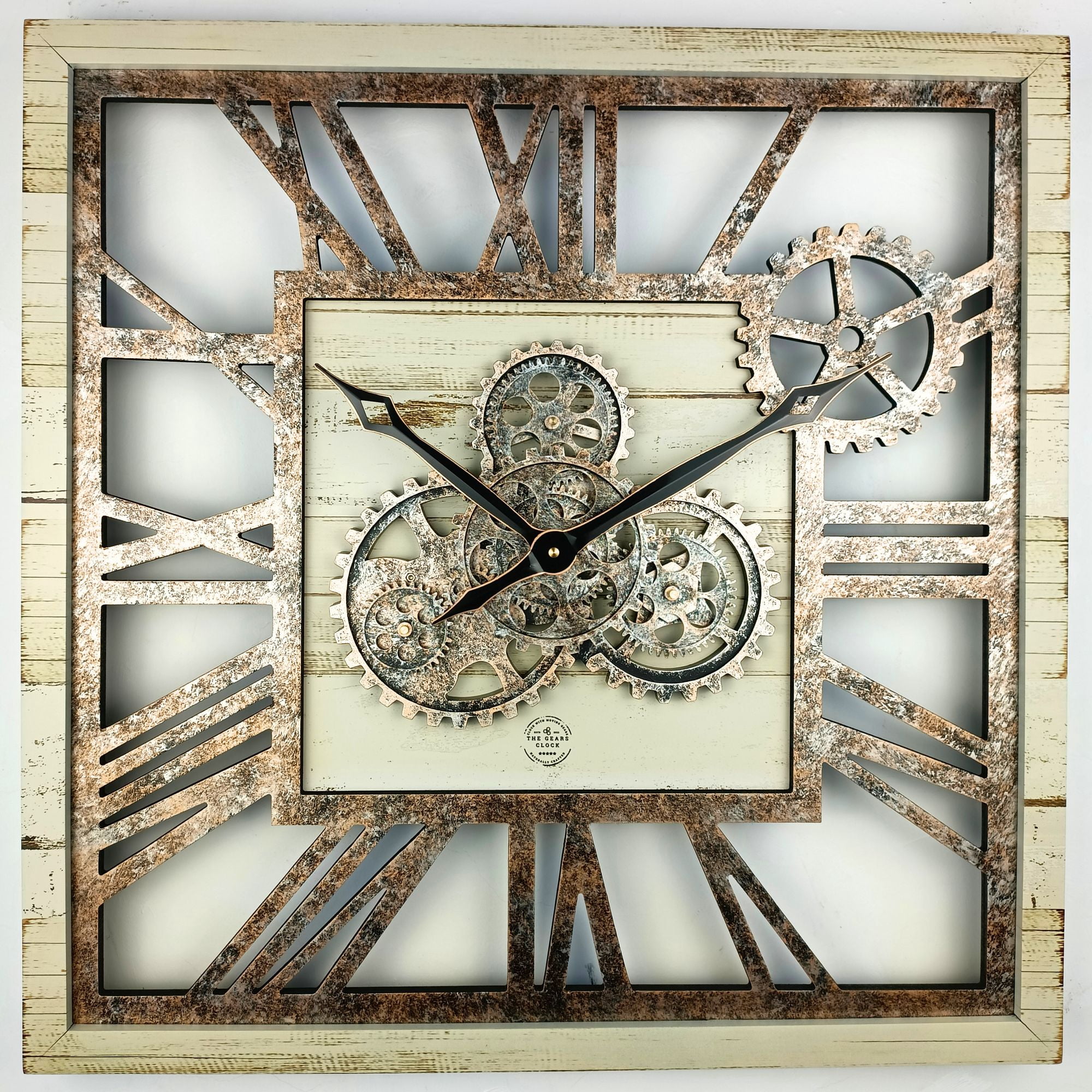 THE GEARS CLOCK Wall Clock with Real Moving Gears AM-LI_ 24 in Square Desert-Beige