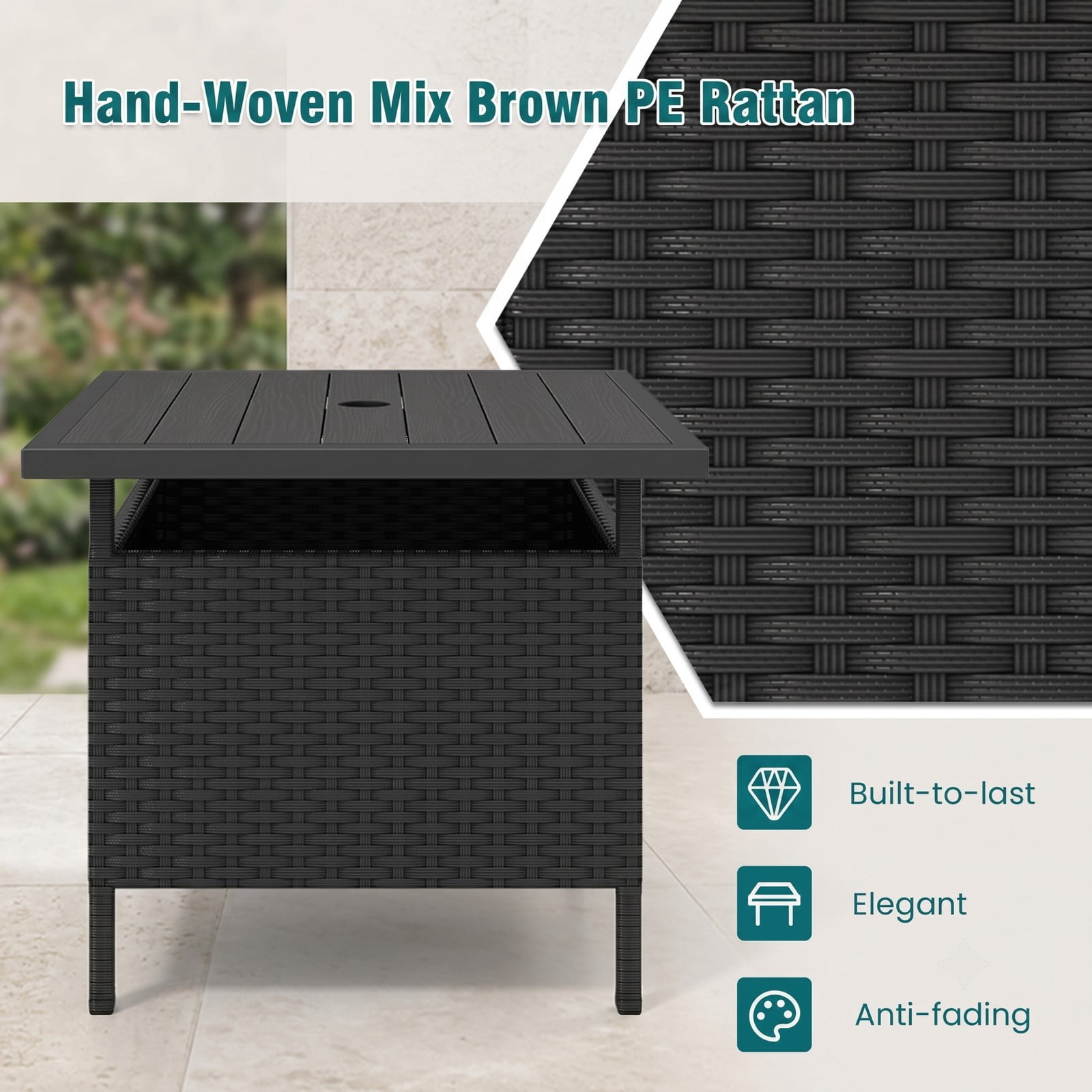 Furnibear Patio Square Wicker Side Table with Umbrella Hole, PE Rattan Outdoor End Table, Faux Wood Top Metal Frame Coffee Table for Garden Yard Backyard, Black