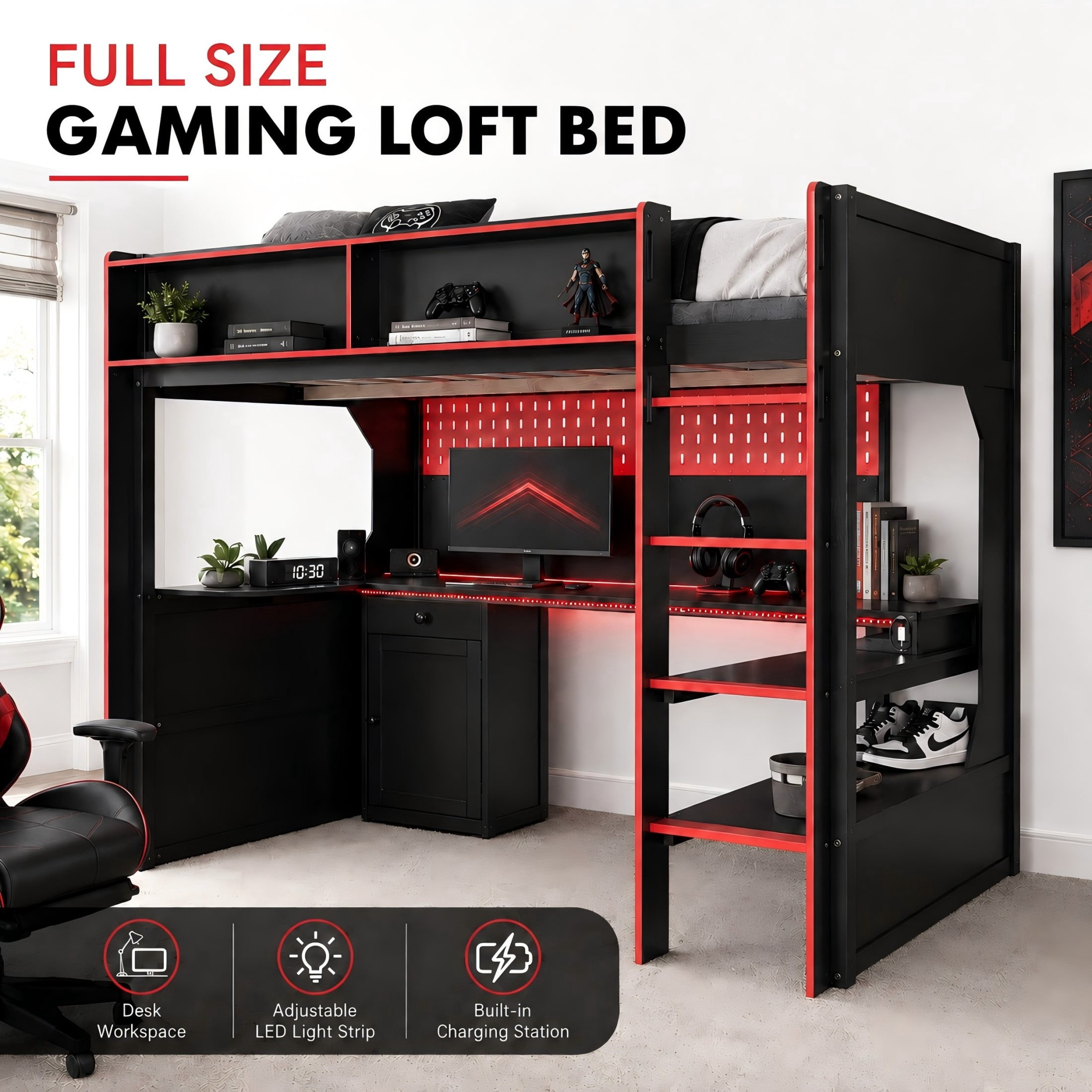 Aukfa Full Size Gaming Loft Bed with Desk, LED Lights, Charging Station & Storage Shelves/Cabinet, Wooden Bed Frame for Kids, Black/Red