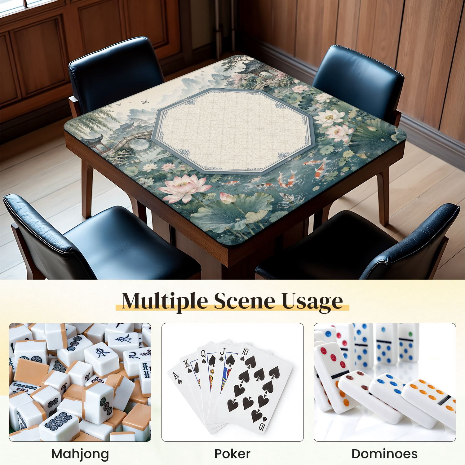 Mahjong Mat 31.5" x 31.5" Serene Pond Lotus Flowers Traditional Chinese Garden Landscape Non-Slip Noise Reduction Mahjong Tiles Table Cover for Dominoes Poker Card Board and Tile Games
