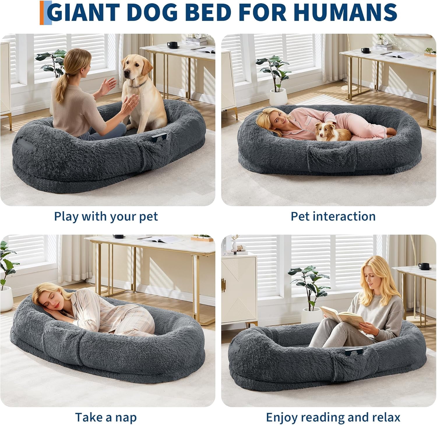Rugerasy 65 Inch Large Gaint Shared Bed for People Pets,Human Dog Bed for Adult,Washable Faux Fur Removable Nap Bed Bean Bag with Handle Side Pocket,Dark Gray