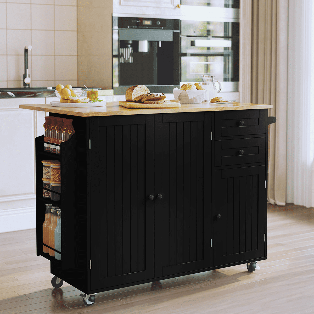 CBJCBJ 50.4" Kitchen Island with Storage, Wood Top Cart with Drop Leaf and Wheels, Black