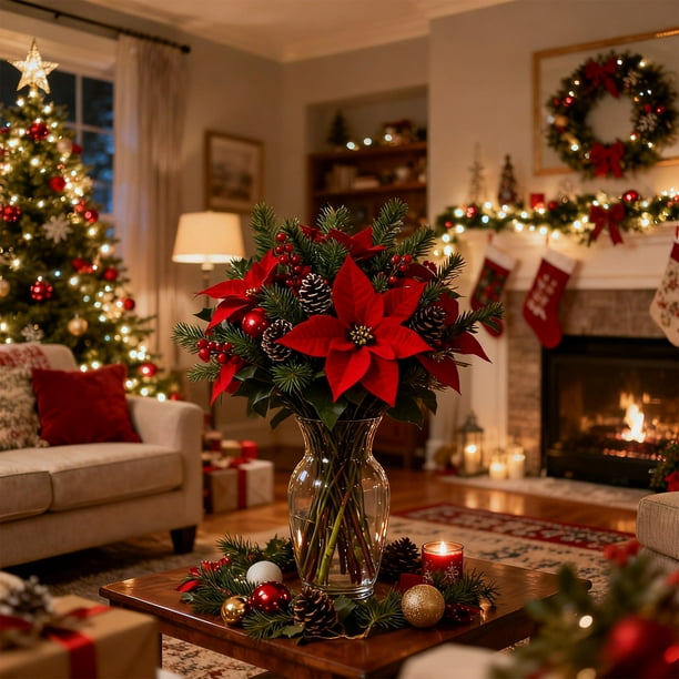 Ramo Navideño de Flores Artificiales de Pascua Rojas con Piñas y Bayas, Arreglo Floral para Centro de Mesa.