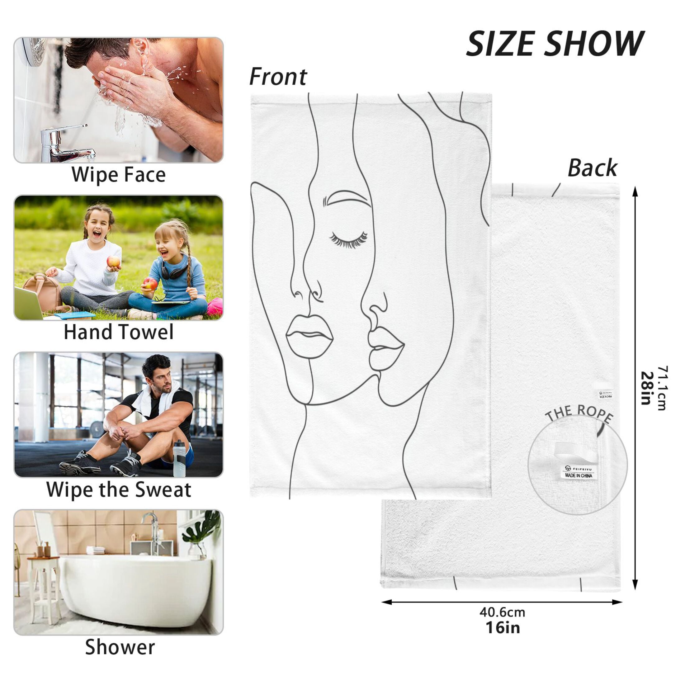 Simple Line Drawing Face Set of 2 Pure Cotton Towels, 16'' x 28'', Highly Absorbent and Soft