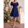 thumbnail image 5 of Navy Blue Square Neck Ruched Waist A-Line Dress With Puffed Sleeves And Tiered Hem, 5 of 6