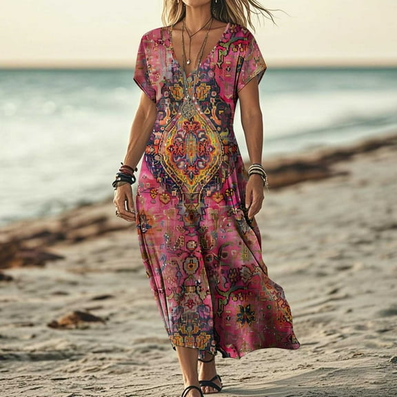 DailyTrove Women's Short Sleeve V Neck Paisley Print Maxi Dress, Vintage Outerwear for Summer Beach Festivals Boho Gatherings