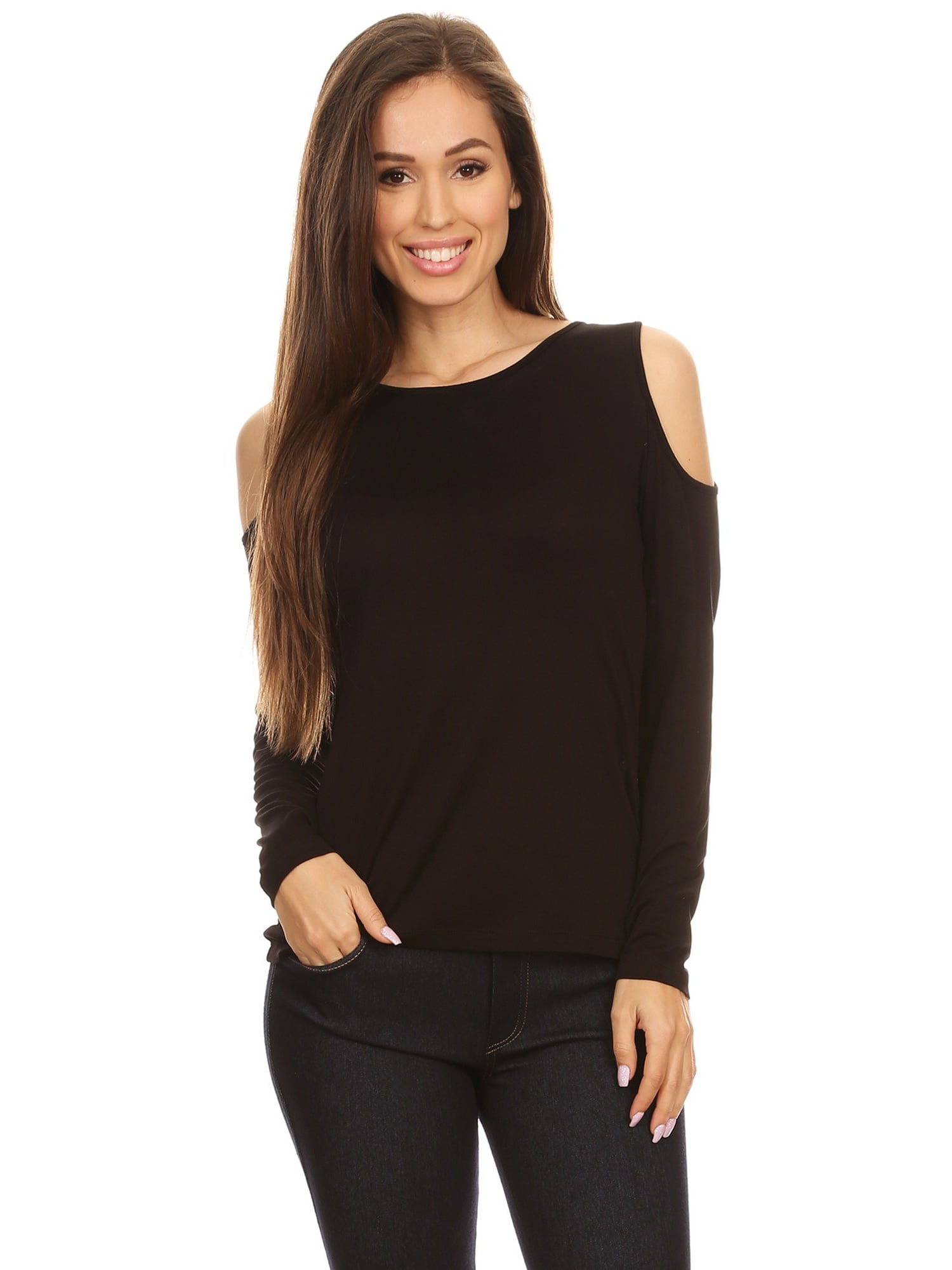 Women's Long Sleeve Cold Shoulder Knit Top (Black, Large) - Walmart.com
