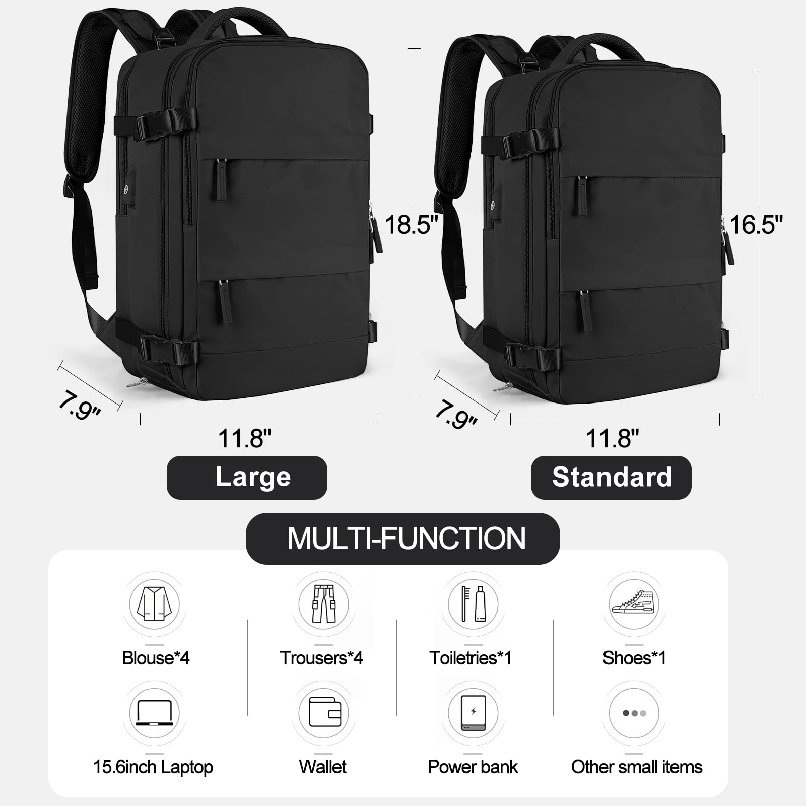 DAKIMOE Large Travel Backpack for Women Men Laptop Bag Airline Approved Carry On Backpacks Waterproof Anti Theft Gym Bags Hiking Flight Approved Luggage Casual Daypack, Standard, Black