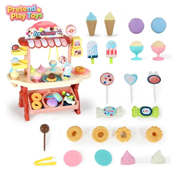 42PCS Pretend Play Ice Cream Shop Stall Toy Set, Kids Toddler Fake Candy Donut Sweet Stand Playset, Preschool Educational Learning Toys, Imaginative Snack Vendor Role Play Kit for Boys Girls Ages 3 