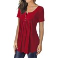 thumbnail image 3 of Qarigey Camiseta de mujer con cuello en V Blusa de manga corta Botón casual Top plisado Prendas para la parte del cuerpo Rojo S Qarigey AP001823-16, 3 of 5