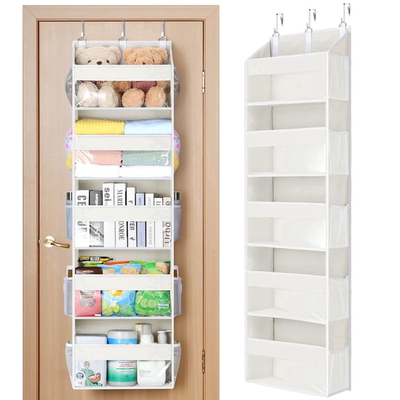 LazySpin Heavy Duty Over the Door Organizer with 5 Tiers & 5 Large Pockets, Hanging Storage Closet Door Organizer with 10 Side Pockets & Clear View for Bathroom, Bedroom, Pantry, Nursery, Off-white