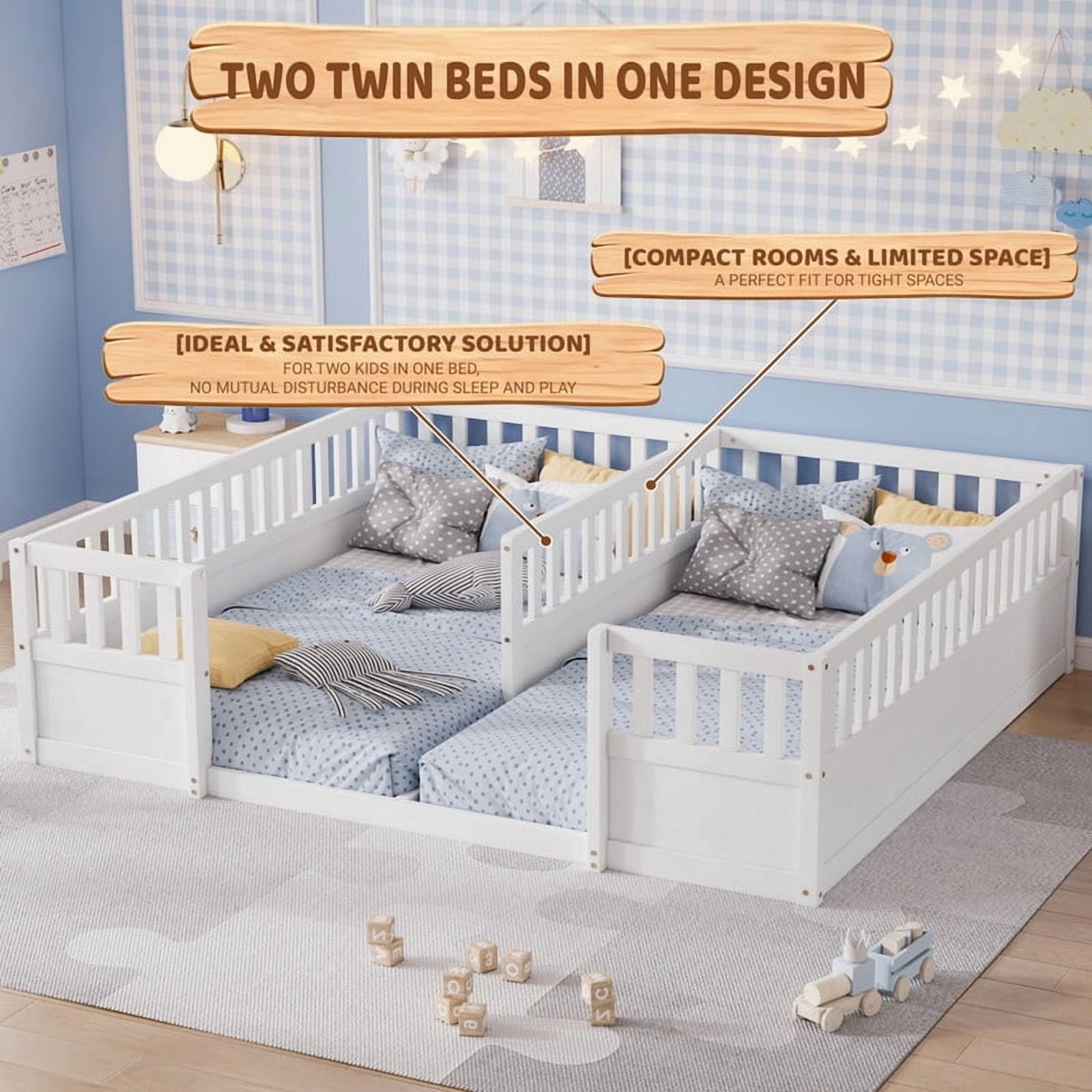 Twin Size Horizontal Floor Bunk Bed Frame with Semi-Enclosed Safety Guardrails, Wood Low Profile Kids Bed with Open Entrance