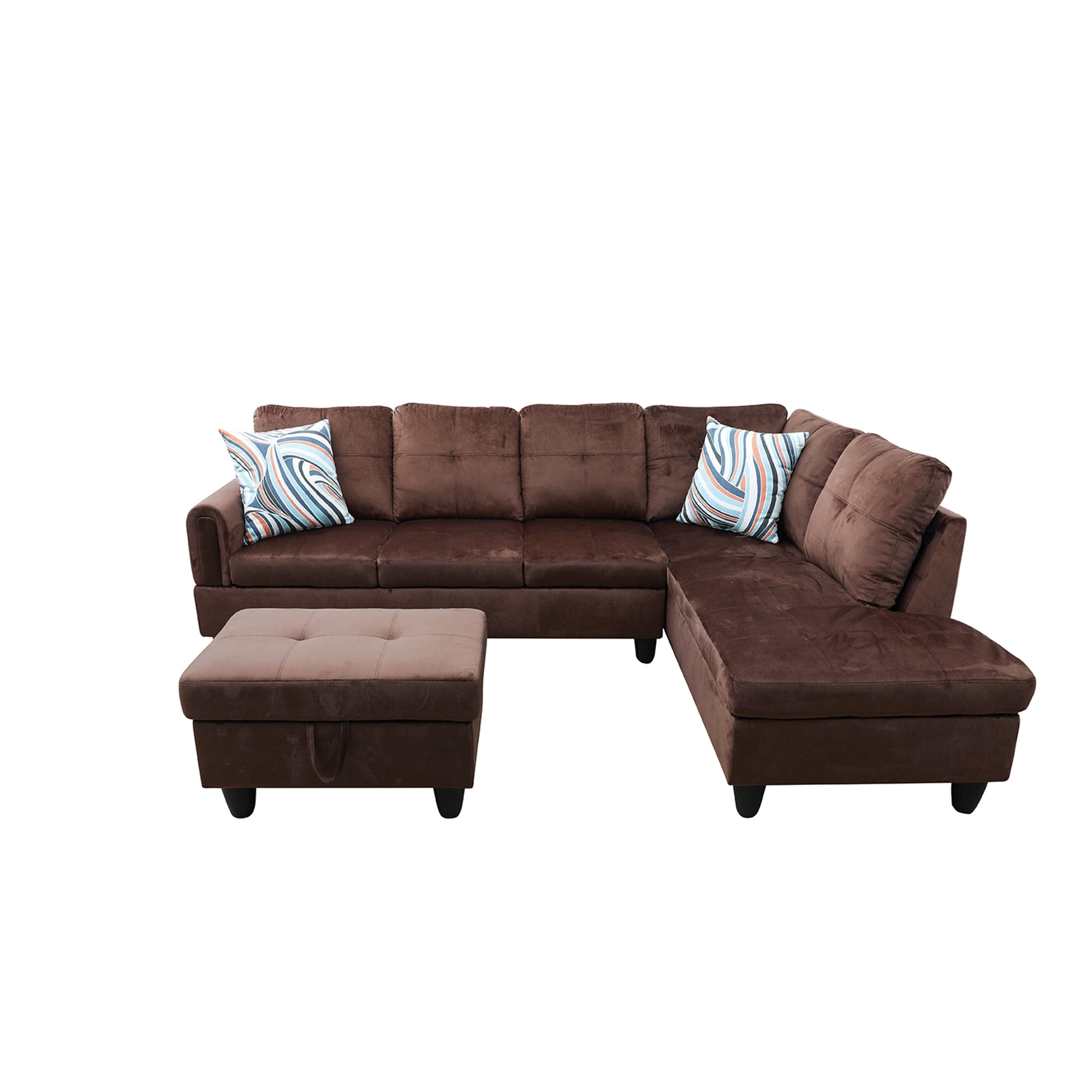 Aukfa Sectional Sofa, Living Room Couch with Storage Ottoman, Right Facing Chaise, Flannel, Brown