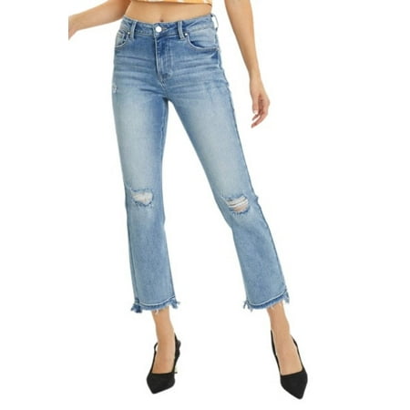 Risen Women's High Rise Distressed Cropped Straight Jeans