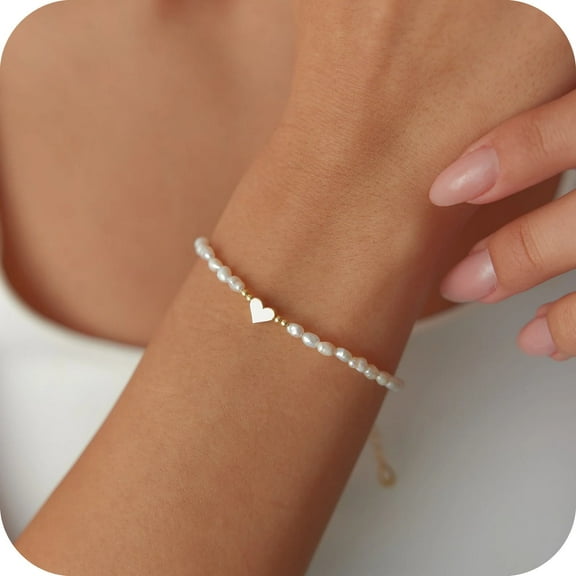GOSFRY 14k Gold Plated Bracelet for Women Dainty Simple Pearl Heart Bracelet Cuban Link Everyday Jewelry Gift