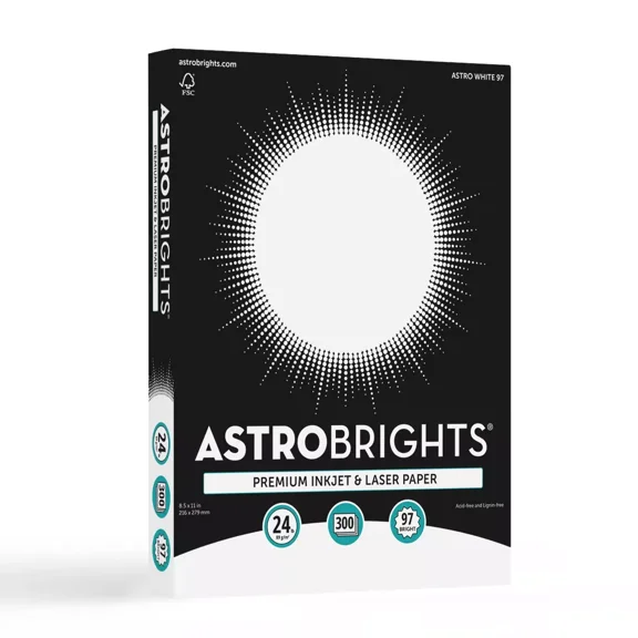 Astrobrights 8.5"x11" 300-Sheet Premium Inkjet and Laser Printer Paper White: Uncoated, 97 Brightness, Letter Size