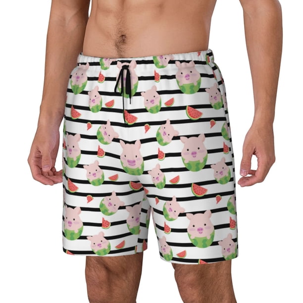 Balery Pig And Watermelon Bañador para hombre, shorts de playa de secado rápido con entrepierna y forro de compresión-Large