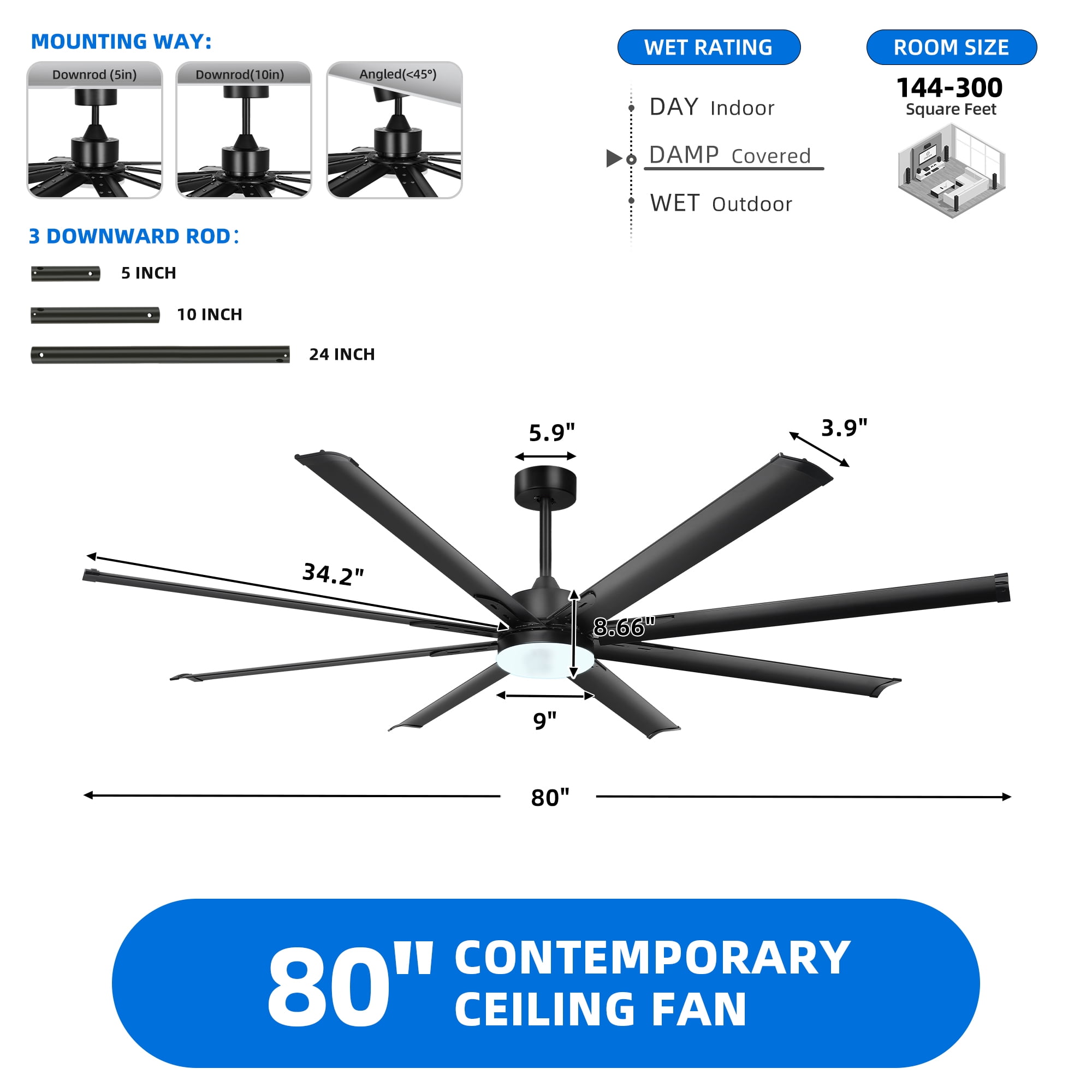 Dextrus 80 inch Large Industrial Ceiling Fan with Light and Remote, Indoor Ceiling Fan with 8 Blades,6 Speed for Porch Garage Shop, Black