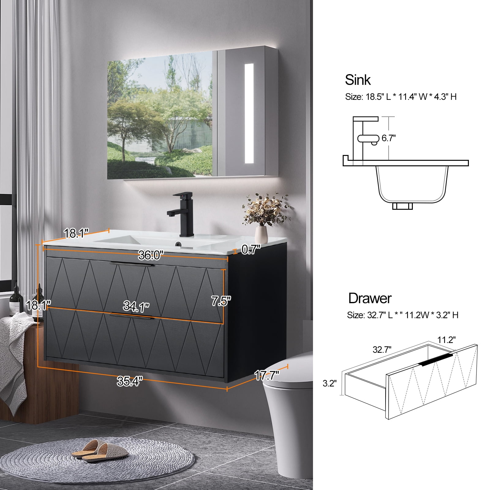Eclife 36" Modern Bathroom Vanity Sink Combo with Ceramic Top, Faucet, Floating Cabinet