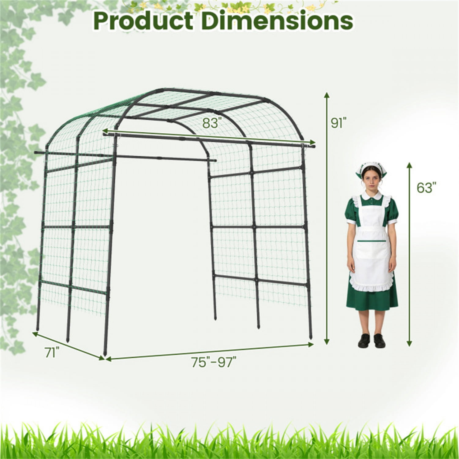 7.5 Ft Adjustable Garden Arch Trellis  PE-Coated Metal Tunnel Trellis for Climbing Plants (Cucumber Grape) Stable Structure with Easy Assembly Black