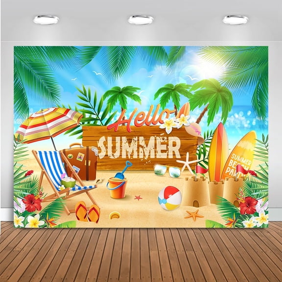Hello Summer Backdrop Hawaiian Sunshine Sea Beach Photography Background Yellow Beach Surf Board Party Decorations Banner Photo Booth Props