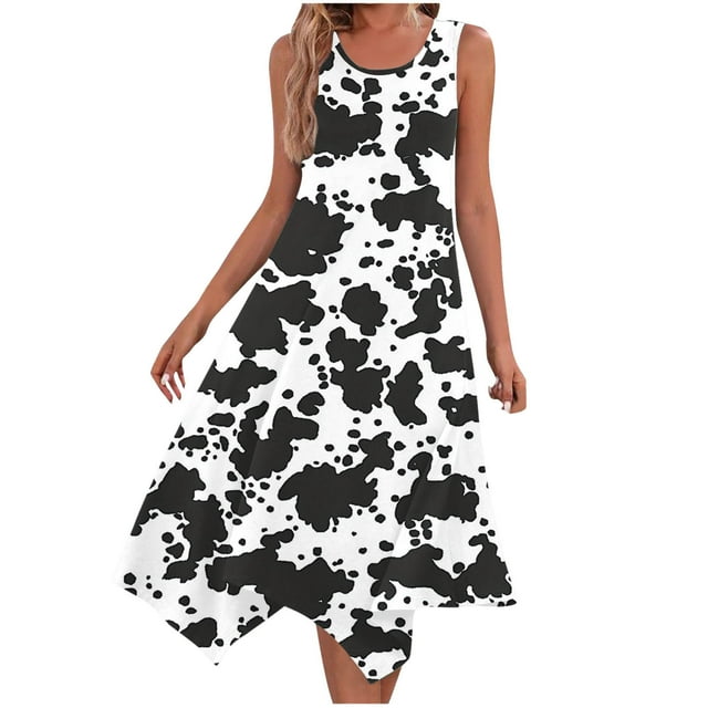 KIHOUT Ladies Summer Fashion Tank Dress Printed Sleeveless Round Neck Loose Flowy Beach Sundress