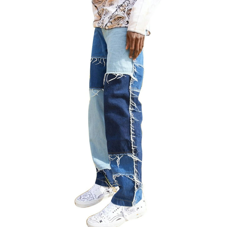 Huakaishijie Men Straight Leg Jeans Frayed Patchwork Color Block