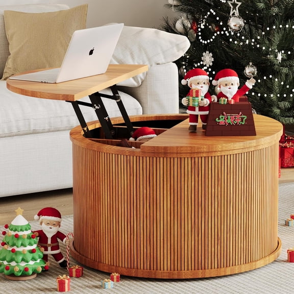 31.5" Round Lift Top Coffee Table with Fluted Design, Walnut Wood Circle Center Table with Storage