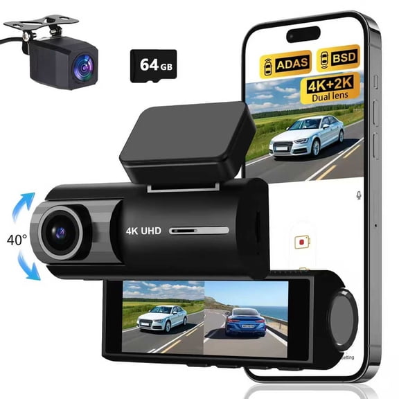 4K 2K Dual Dash Cam Front and Rear with AI ADAS & BSD, 3.16" IPS Screen Dashboard Camera, WiFi App Control, 170° Wide Angle, 24H Parking Monitor, Includes 64GB Card & Hardwire Kit