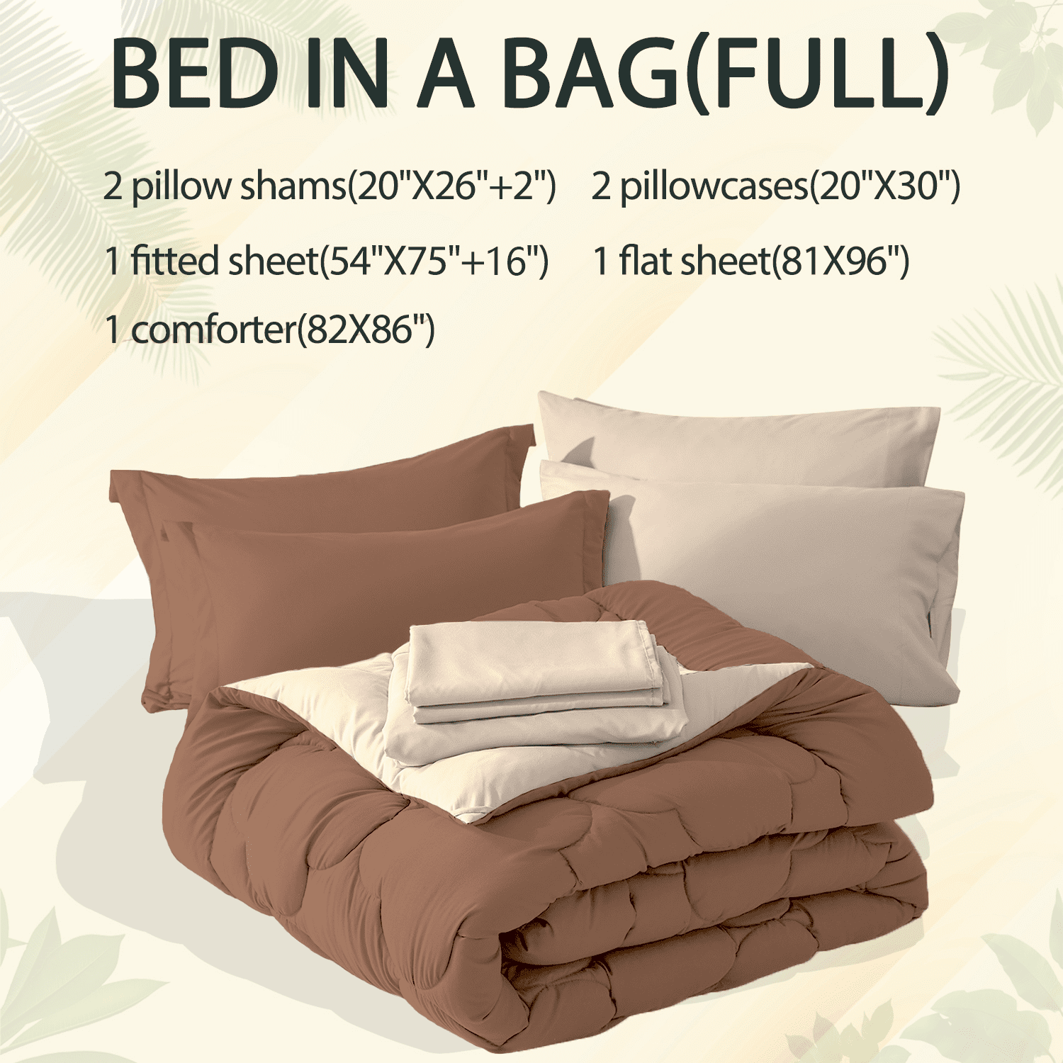 Bedtreat Full Comforter Sets，7-Pieces Reversible Bedding Sets，Bed in a Bag with Comforter， Flat Sheet and Fitted Sheet, Pillowcases & Shams，Mocha/Sand Dollar