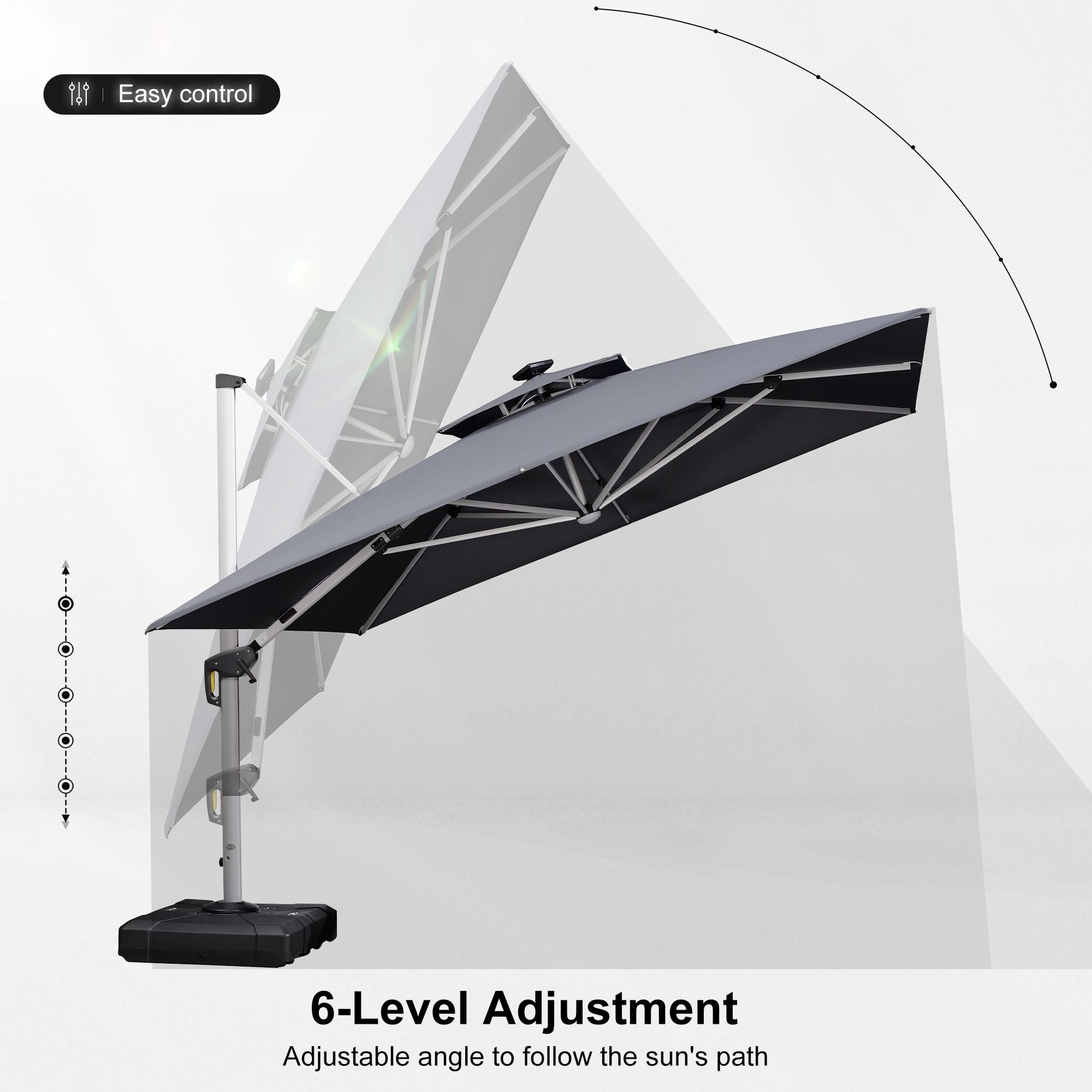 PURPLE LEAF 10' X 13' Double Top Deluxe Solar Powered LED Rectangle Patio Umbrella Offset Hanging Umbrella Outdoor Market Umbrella Garden Umbrella, Gray