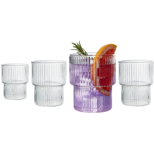 Victoria Premium Ribbed Drinking Glasses - Rippled Classic Borosilicate Design - Cocktail, Water, Soda, Juice, Coffee, Milk - 11.8 oz (350 mL) - Set of 4