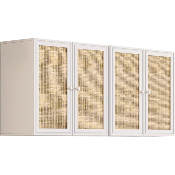 Laundry Room Cabinets with Lights, 24INCH Laundry Room Cabinets Wall Mounted with Adjustable Shelves, Rattan Wall Cabinet for Bedroom, Kitchen, Bathroom (2PCS, White)