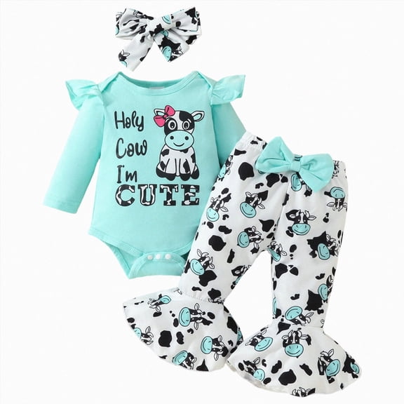 Newborn Infant Baby Girls Clothes Fall Winter Outfit Newborn Going Home Outfit Cute Cow Print Ruffle Romper and Long Pants Clothing Sets for Newborn Baby Girl 0 3 6 9 12 18 Months