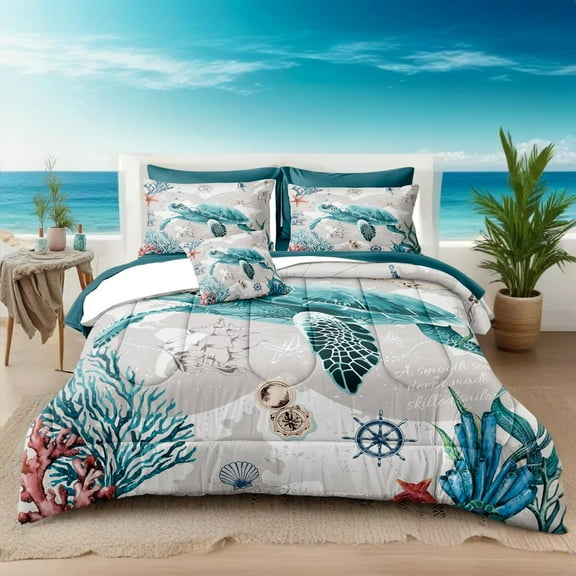 Nautical Bedding Set Turtle Comforter Set Queen/King Size Beach Comforter Set Soft Microfiber Sea Life Ocean Bedding Comforter Set Coastal Bedding Boys Girls Beach Theme Bedding Set 4 Pieces 1 Comfor