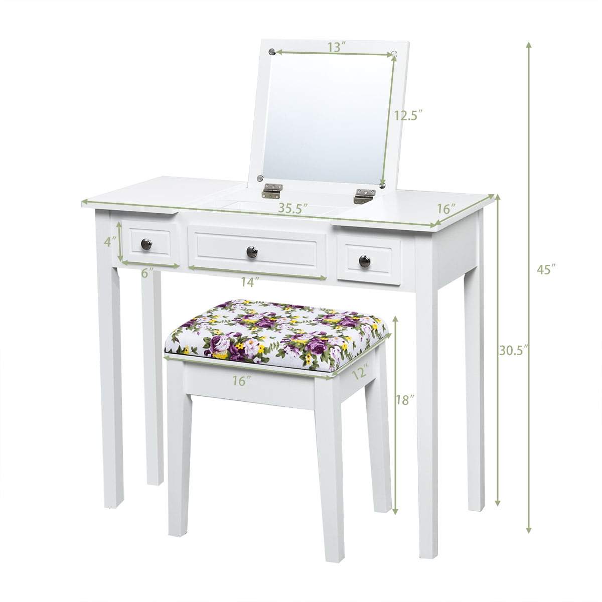 Costway Vanity Dressing Table Flip Top 7 Compartments Makeup Desk - White