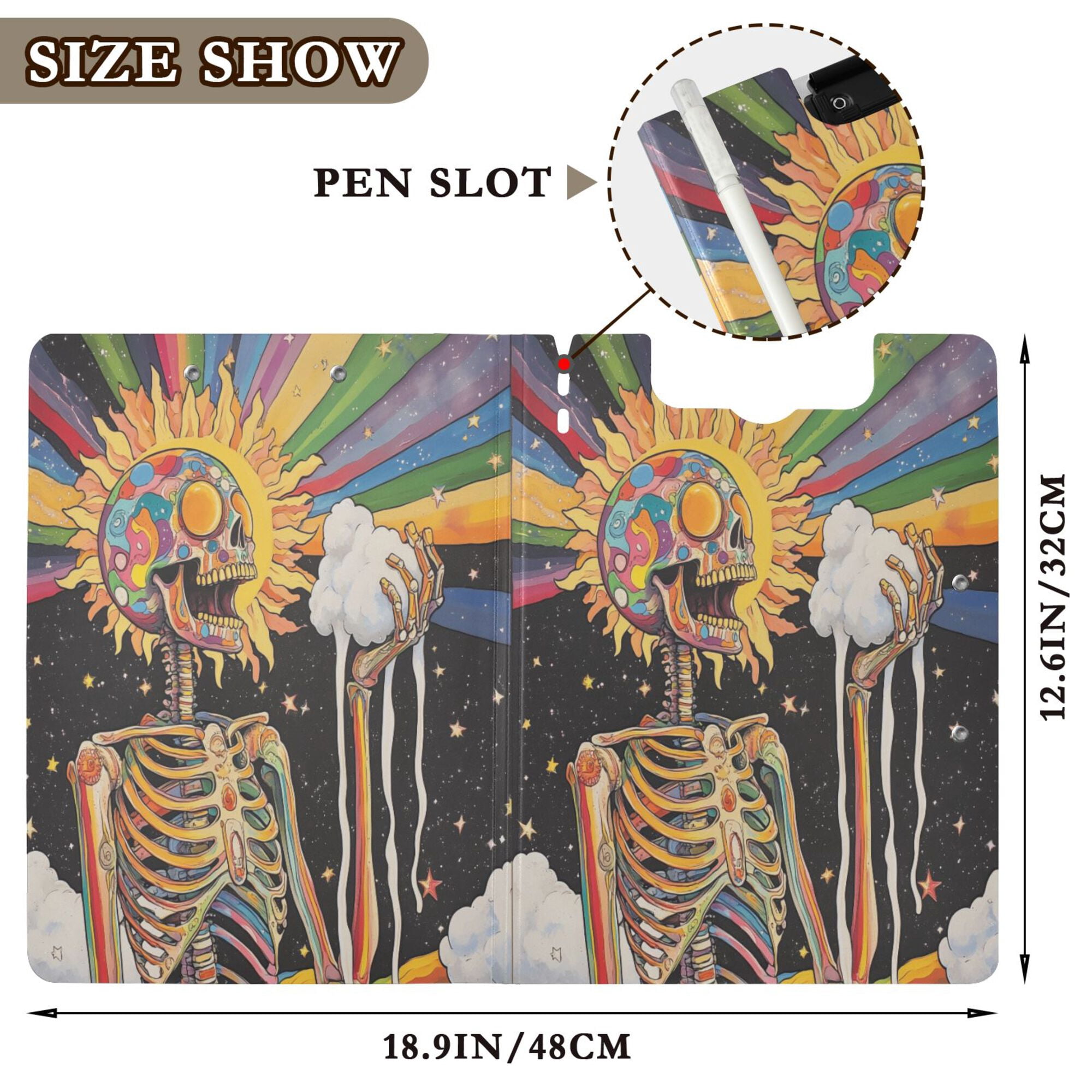 FORMRS A4 Clipboard Folder with Pen Holder Horizontal Foldable School Office Binder, Bright Skeleton