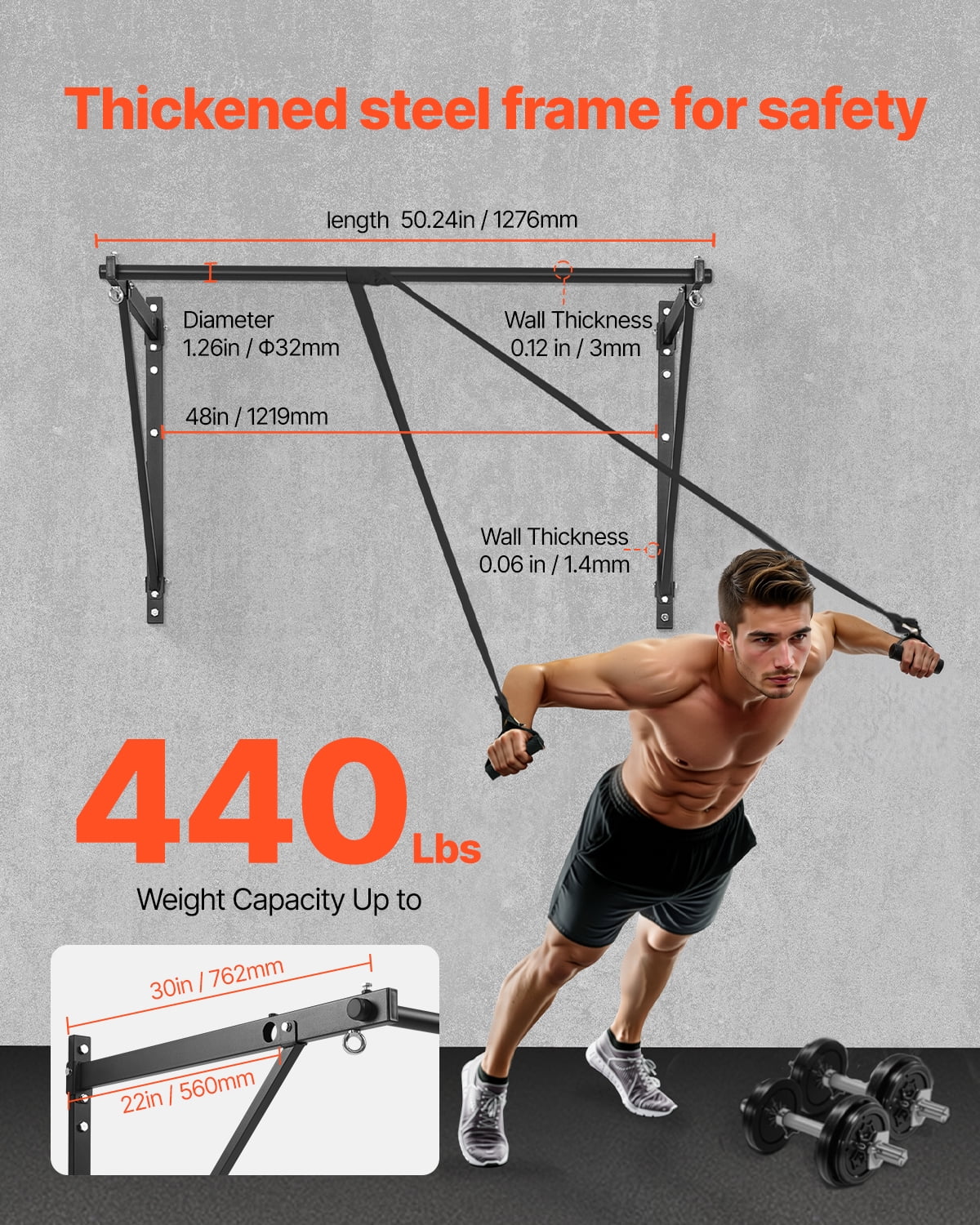 VEVOR Pull Up Bar, 50 in Width Wall Mounted Pull Ups, Adjustable Depth 22" or 30" from Wall, Heavy Duty Steel Upper Body Workout Bars, 440 lbs Weight Capacity Chin Up Training Station, for Home Gym