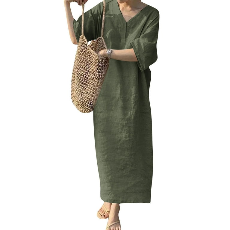 eco-friendly cotton maxi dresses under $60 near me up to 60% off Gifts Usmixi Womens Dresses Beach Casual Loose Comfy Cotton  Linen Long Sundress Fashion Solid V-Neck 3/4 Sleeve Maxi Summer Dress Army  Green m