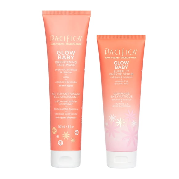 Pacifica Beauty Glow Baby Brightening Face Wash & Enzyme Face Scrub Set Cuidado de la piel Vitamina C Ácido glicólico Vitamina E Limpiador facial Exfoliante Cuidado de la piel Vegano 5 fl oz y 4 fl oz