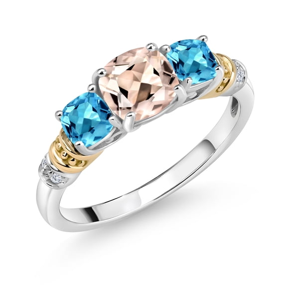 Gem Stone King 925 Silver and 10K Yellow Gold Peach Morganite and Swiss Blue Topaz and Diamond 3-Stone Ring for Women (1.57 Cttw, Gemstone October Birthstone, Cushion 6MM and 4MM, Size 9)