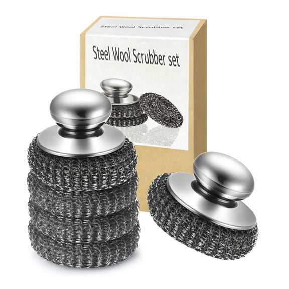 Emlimny 5 Pack Stainless Steel Scrubber Pads with 2 Handles, Heavy Duty Steel Wool Scrubbers for Cleaning Pots, Pans, Dishes, Stove, Sink – Rust-Resistant, Non-Scratch Kitchen Cleaning Set