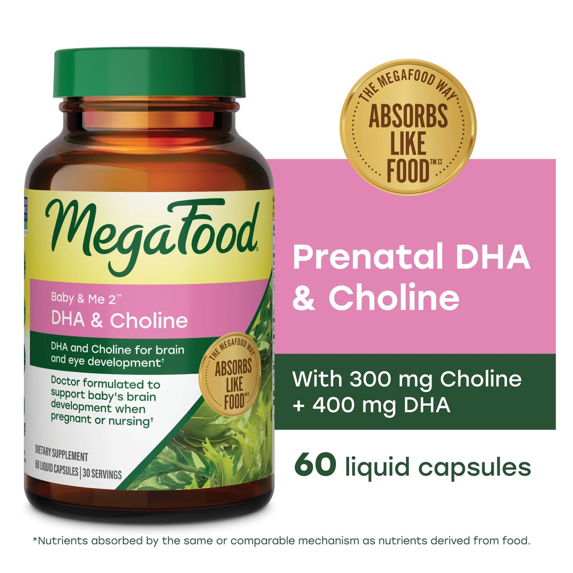 MegaFood Baby & Me 2 Prenatal Vitamins for Women, DHA & Choline Supplements, Liquid DHA and Choline for Baby's Brain and Eye Development During Pregnancy, Vegan, 60 Capsules (30 Servings)