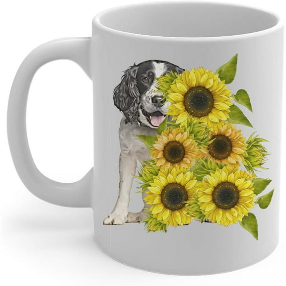 Lovesout Funny White Black English Springer Spaniel Sunflower Embrace Themed Coffee Mug White 11oz Puppy Owners Gifts