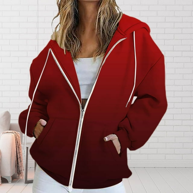 Women's Fall Jacket Oversized Pocket Sweatshirt Casual Clothing Zipper Track Jacket Solid Color Long Sleeve Tops
