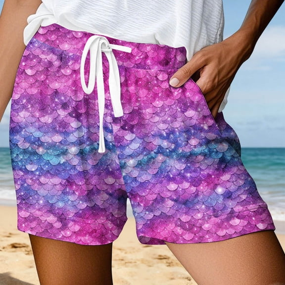 Trendfront Women's Fish Scale Graphic Print Tie Waist Swim Shorts High Waisted Summer Beach Vacation Bottoms