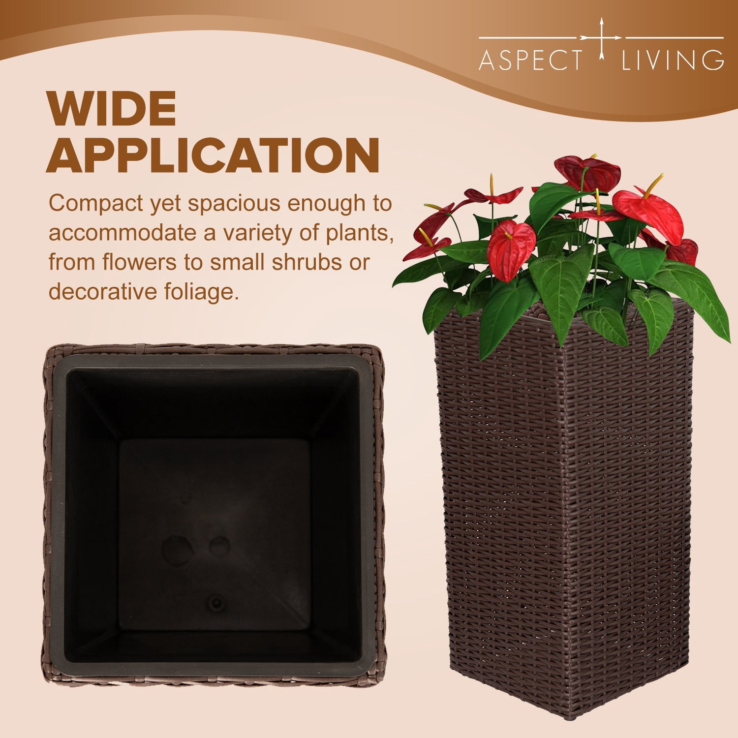 Set of 2 Large 24-Inch Outdoor Planters, Brown Tall Plastic Flower Pots with Drainage Holes, Modern Tapered Garden Planter for Porch Patio Balcony Backyard