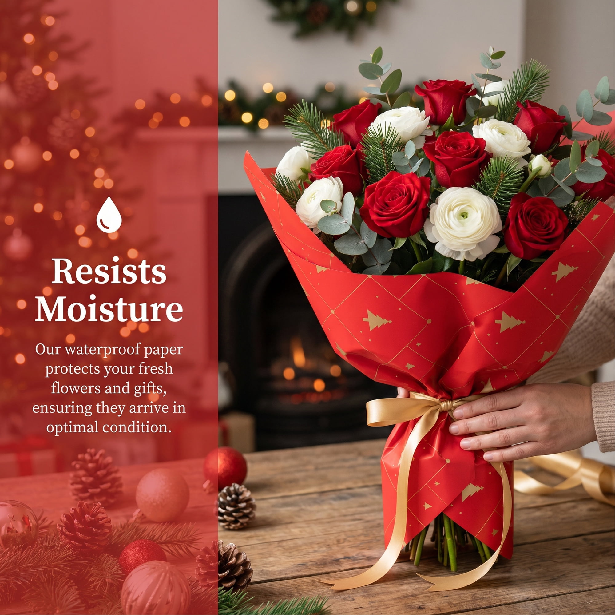 Unique Bargains Waterproof Matte Gift Wrap Paper for Bouquets Red Big Tree 22"x 22"